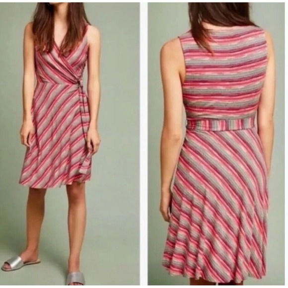Bailey 44‎ Anthropologie Women's Emile V-Neck Faux Wrapped Striped Dress Medium - Picture 1 of 7